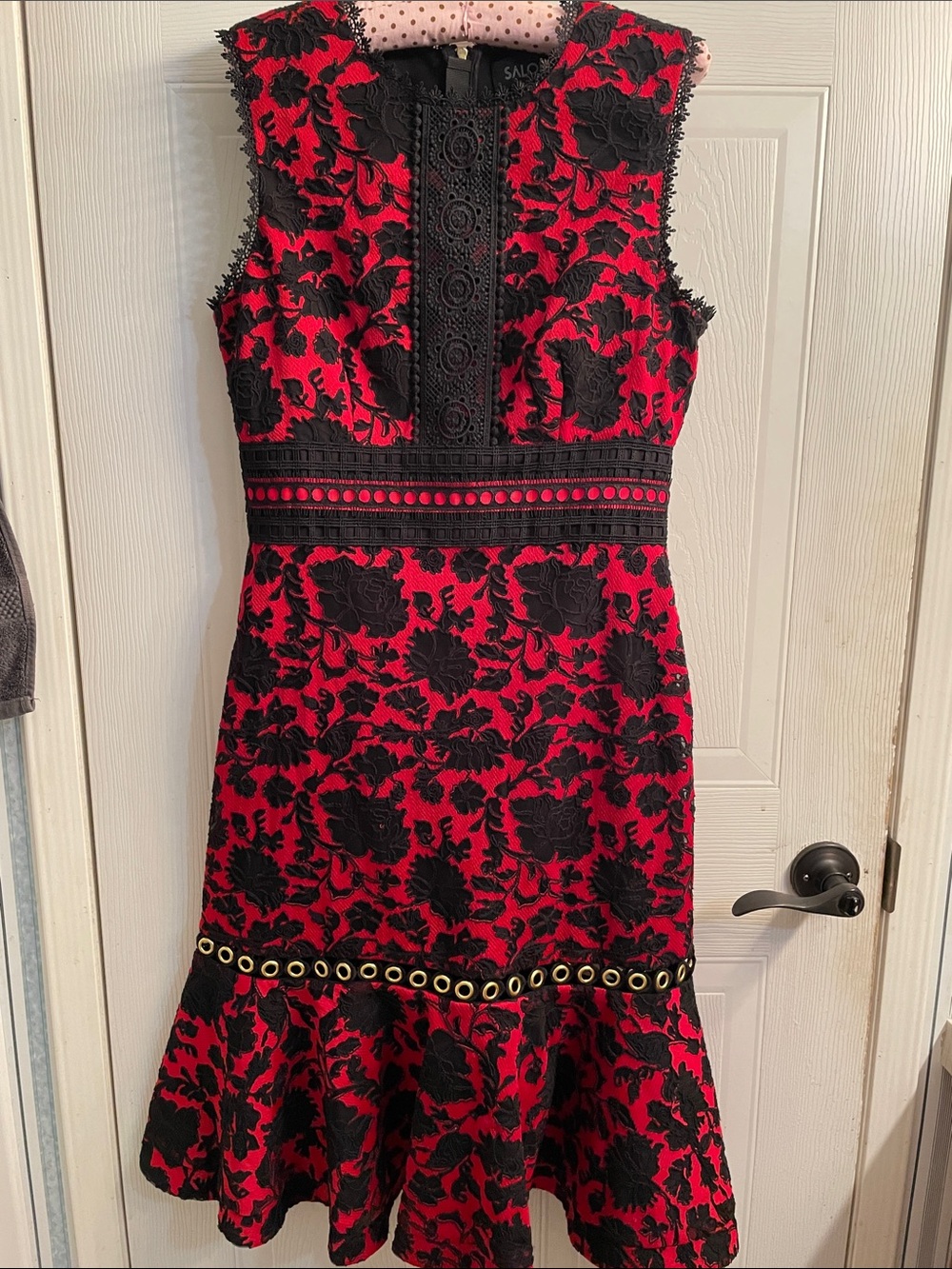 SALONI Red and Black Floral Lace Mini Dress